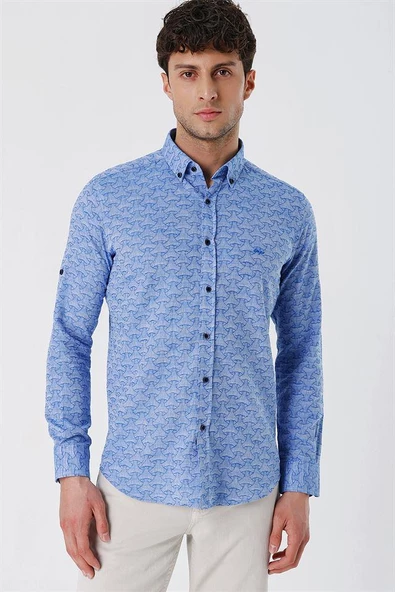 Mavi Düğmeli Yaka Kısalabilir Kol Cepsiz Slim Fit Casual Pamuklu Gömlek 1004230181 ürün görseli 1
