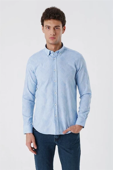 Mavi Kısalabilir Kollu Desenli JakarlıCepsiz %100 Pamuk Casual Slim Fit Gömlek 1004230182 ürün görseli 1