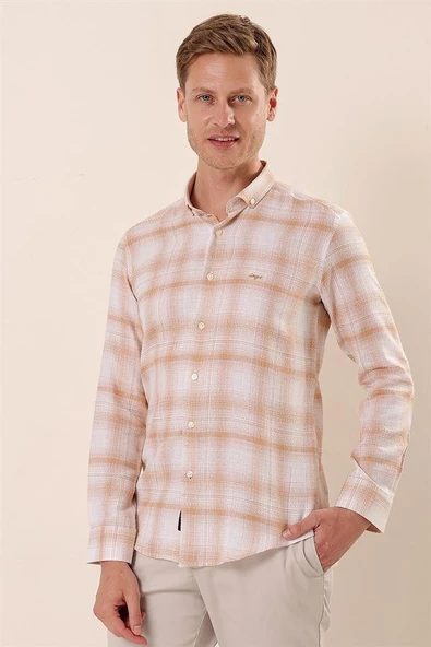 Bej DMT Yaka Uzun Kol Cepsiz Slim Fit Classic Pamuklu Gömlek 1004230176 ürün görseli 1