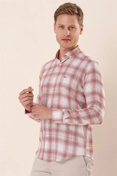 Kırmızı DMT Yaka Uzun Kol Cepsiz Slim Fit Classic Pamuklu Gömlek 1004230176 ürün görseli 1