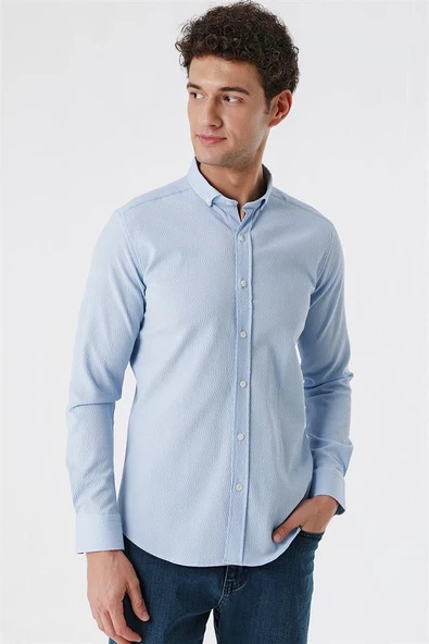 Mavi DMT Yaka Uzun Kol Cepsiz Slim Fit Classic Pamuklu Gömlek 1004230178 ürün görseli 1
