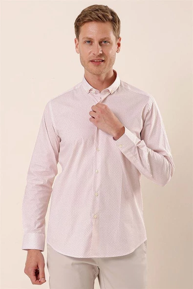 Pembe Uzun Kollu Baskılı Cepsiz Pamuklu Likralı Klasik Slim Fit Dar Kesim Gömlek 1004230115 ürün görseli 1