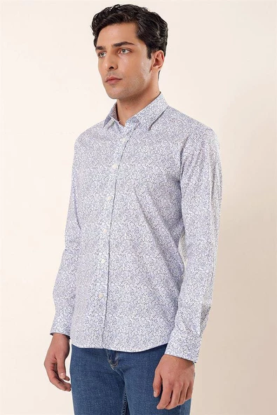 Mavi Uzun Kollu Baskılı Sert Yaka Cepsiz Pamuklu Likralı Casual Slim Fit Gömlek 1004230135 ürün görseli 1