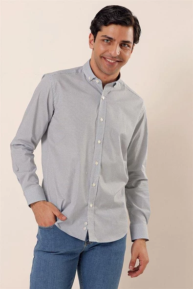 Beyaz Uzun Kollu Baskılı Cepsiz Pamuklu Likralı Casual Slim Fit Dar Kesim Gömlek 1004230120 ürün görseli 1