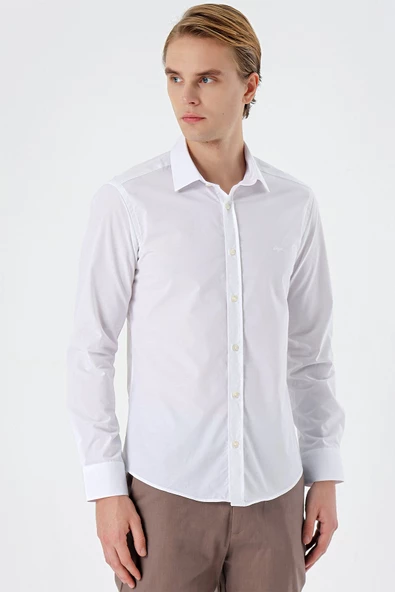 Beyaz Uzun Kollu Filafil  Sert Yaka Cepsiz  Pamuklu Basic Slim Fit Dar Kesim Gömlek 1004240008 ürün görseli 1