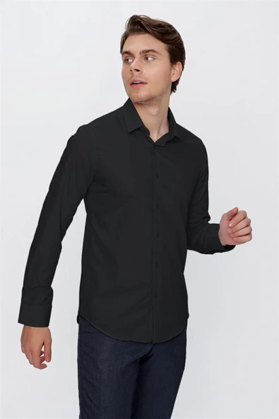 Siyah Uzun Kollu Bez Ayağı Sert Yaka Cepsiz Pamuklu Basic Slim Fit Dar Kesim Gömlek 1004240057 ürün görseli 1
