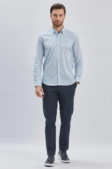 Mavi Kısalabilir Kol Baskılı Düğmeli Yaka Cepsiz Klasik Slim Fit Gömlek 1004240116 ürün görseli 1