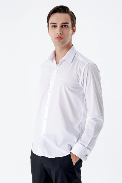 Beyaz Uzun Kollu Sert Yaka Cepsiz Pamuklu Basic Slim Fit Dar Kesim Gömlek 1004240059 ürün görseli 1