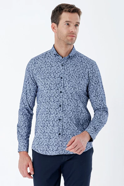 Lacivert Uzun Kollu Baskılı Bez Ayağı Cepsiz Pamuklu Likralı Klasik Slim Fit Gömlek 1004235208 ürün görseli 1