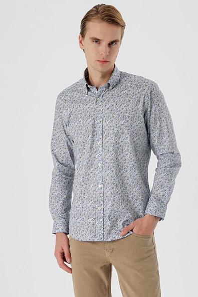 Beyaz Uzun Kollu Baskılı Düğmeli Yaka Cepsiz Pamuklu Likralı Klasik Slim Fit Gömlek 1004235126 ürün görseli 1