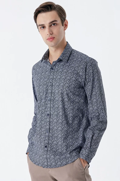 Koyu Lacivert Uzun Kollu Baskılı Cepsiz Pamuklu Likralı Klasik Slim Fit Gömlek 1004235127 ürün görseli 1