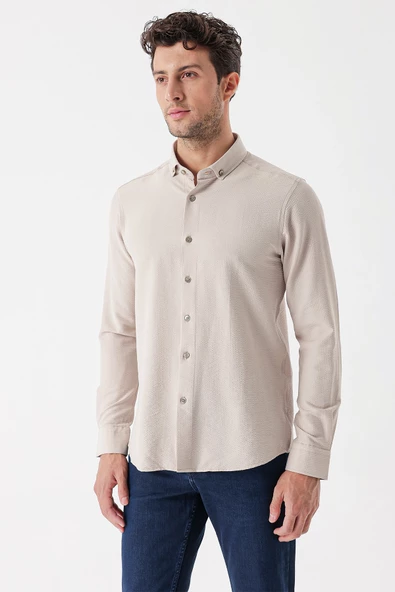 Bej DMT Yaka Uzun Kol Cepsiz Slim Fit Classic Esnek Gömlek 1004230233 ürün görseli 1