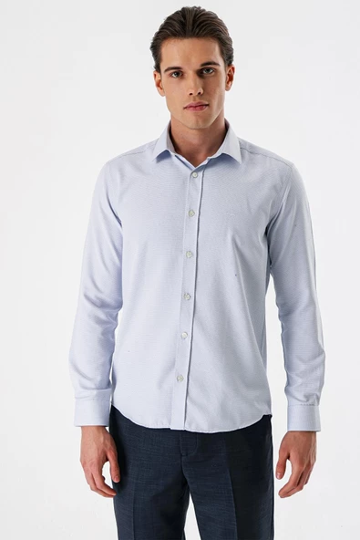 Lacivert Uzun Kollu Armürlü Cepsiz Pamuklu Slim Fit Gömlek 1004235171 ürün görseli 1