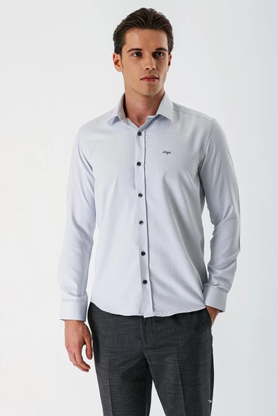 Gri Uzun Kollu Desenli Armürlü Sert Yaka Cepsiz Pamuklu Slim Fit Dar Kesim Gömlek 1004235171 ürün görseli 1