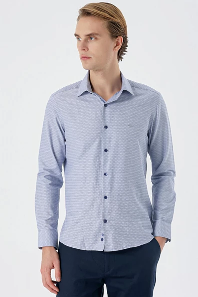 Lacivert Uzun Kollu Armürlü Cepsiz Pamuklu Slim Fit Gömlek 1004235168 ürün görseli 1