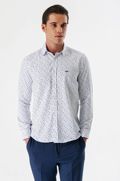Beyaz Uzun Kollu Baskılı Bez Ayağı Düğmeli Yaka Cepsiz Pamuklu Slim Fit Gömlek 1004235170 ürün görseli 1