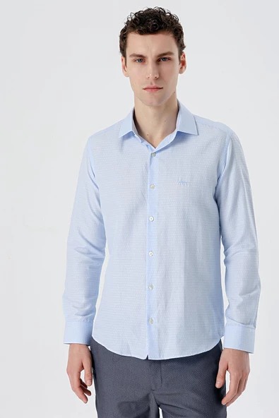 Mavi Uzun Kollu Armürlü Cepsiz Pamuklu Slim Fit Gömlek 1004235168 ürün görseli 1