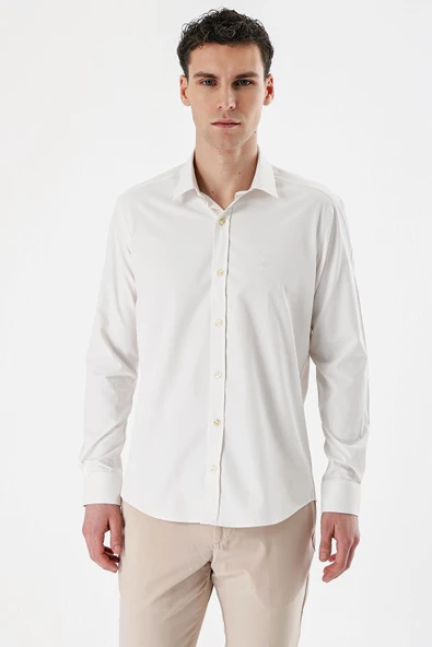 Krem Rengi Uzun Kollu Armürlü Cepsiz Pamuklu Likralı Slim Fit Dar Kesim Gömlek 1004240193 ürün görseli 1