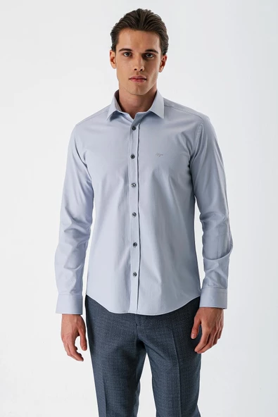 Gri Uzun Kollu Armürlü Cepsiz Pamuklu Likralı Slim Fit Dar Kesim Gömlek 1004240193 ürün görseli 1