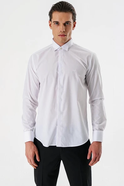 Beyaz Uzun Kollu Bez Ayağı Ata Yaka Cepsiz Pamuklu Damatlık Slim Fit Dar Kesim Gömlek 1004240214 ürün görseli 1
