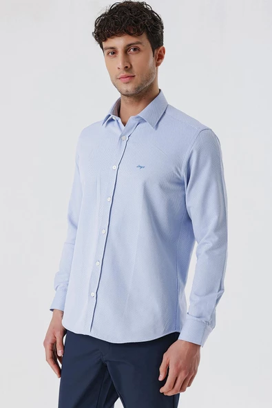 Mavi Uzun Kollu Armürlü Cepsiz Pamuklu Likralı Slim Fit Dar Kesim Gömlek 1004240193 ürün görseli 1