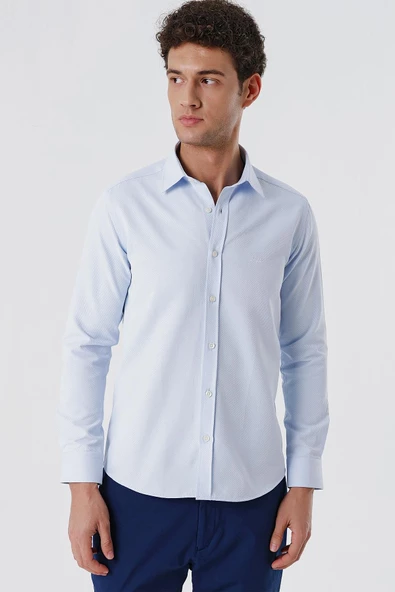 Mavi Uzun Kollu Armürlü Cepsiz Pamuklu Likralı Slim Fit Dar Kesim Gömlek 1004240193 ürün görseli 1