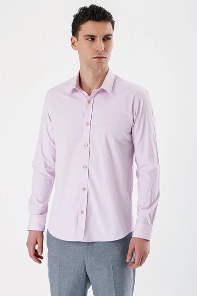 Pembe Uzun Kollu Armürlü Cepsiz Pamuklu Likralı Slim Fit Dar Kesim Gömlek 1004240193 ürün görseli 1