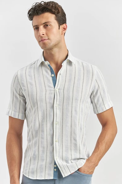 Mavi Kısa Kollu Çizgili Armürlü Pamuklu Casual Slim Fit Dar Kesim Gömlek 1004240245 ürün görseli 1