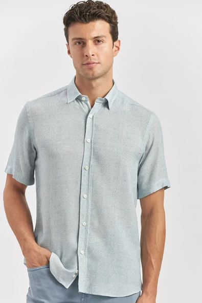 Lacivert Kısa Kollu Düğmeli Yaka Keten Karışımlı Slim Fit Gömlek 1004240242 ürün görseli 1