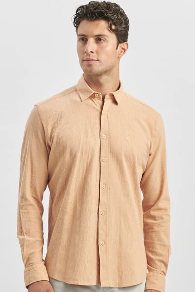 Turuncu Uzun Kollu Gofreli Biyeli %100 Pamuk Casual Slim Fit Dar Kesim Gömlek 1004240247 ürün görseli 1