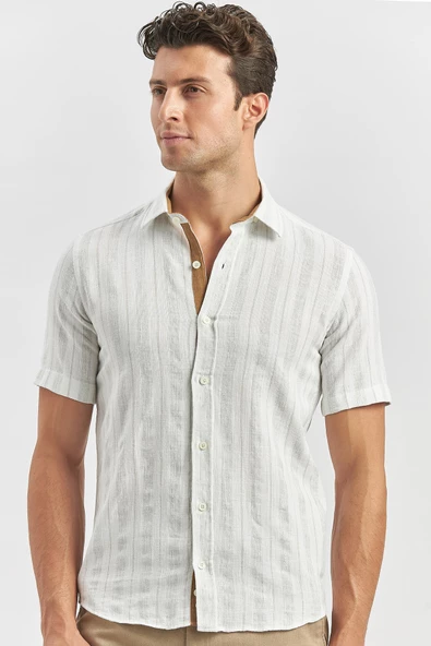 Bej Kısa Kollu Çizgili Armürlü Pamuklu Casual Slim Fit Dar Kesim Gömlek 1004240245 ürün görseli 1