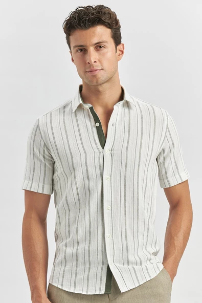 Haki Kısa Kollu Armürlü Garnili Pamuklu Casual Slim Fit Gömlek 1004240244 ürün görseli 1
