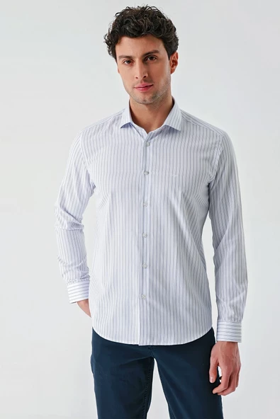 Beyaz Uzun Kollu Çizgili Armürlü Cepsiz Pamuklu Klasik Slim Fit Dar Kesim Gömlek 1004240229 ürün görseli 1