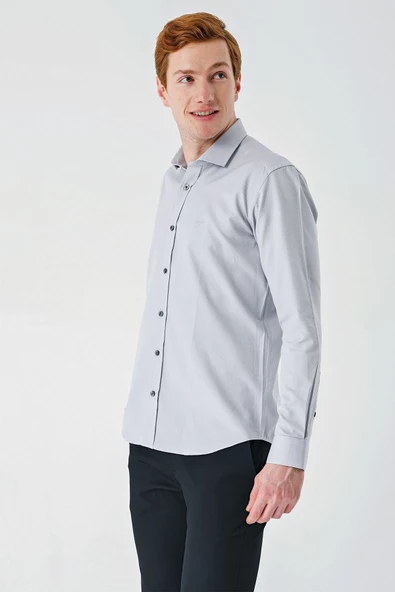 Gri Uzun Kollu Oxford Cepsiz Pamuklu Klasik Slim Fit Dar Kesim Gömlek 1004240235 ürün görseli 1