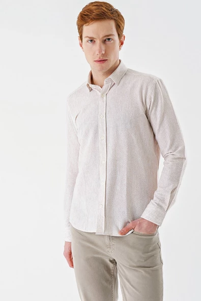 Bej Uzun Kollu Biritli Yaka Pamuklu Likralı Casual Slim Fit Gömlek 1004240233 ürün görseli 1