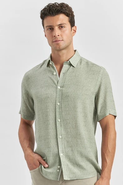 Yeşil Kısa Kollu Düğmeli Yaka Keten Karışımlı Slim Fit Gömlek 1004240242 ürün görseli 1