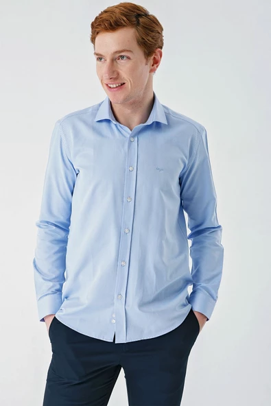 Mavi Uzun Kollu Oxford Cepsiz Pamuklu Klasik Slim Fit Dar Kesim Gömlek 1004240235 ürün görseli 1