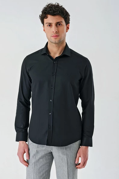 Siyah Uzun Kollu Oxford Cepsiz Pamuklu Klasik Slim Fit Dar Kesim Gömlek 1004240235 ürün görseli 1