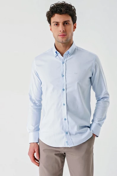Mavi Uzun Kollu Oxford Cepsiz %100 Pamuk Klasik Slim Fit Dar Kesim Gömlek 1004240188 ürün görseli 1