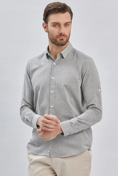 Gri Kısalabilir Kollu Armürlü Biritli Yaka Pamuklu Casual Slim Fit Gömlek 1004240202 ürün görseli 1