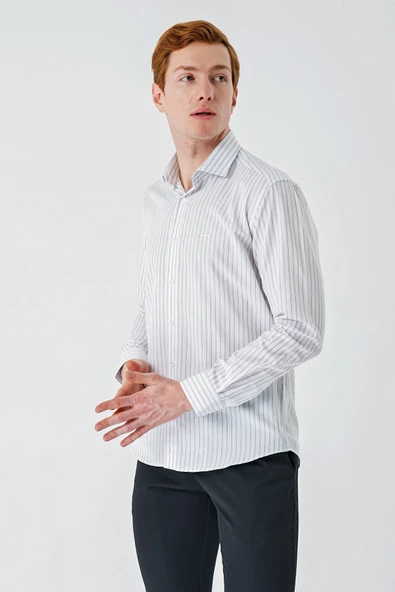 Beyaz Uzun Kollu Çizgili Armürlü Cepsiz Pamuklu Klasik Slim Fit Dar Kesim Gömlek 1004240229 ürün görseli 1