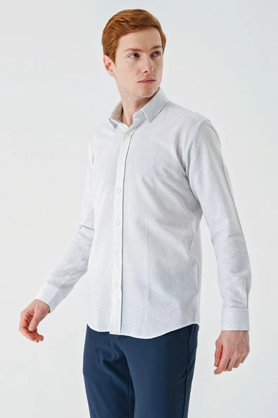Mavi Uzun Kollu Biritli Yaka Pamuklu Likralı Casual Slim Fit Gömlek 1004240233 ürün görseli 1