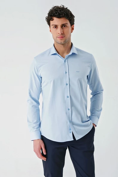 Mavi Uzun Kollu Oxford Cepsiz Pamuklu Klasik Slim Fit Dar Kesim Gömlek 1004240235 ürün görseli 1