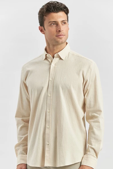 Bej Uzun Kollu Gofreli Biyeli %100 Pamuk Casual Slim Fit Dar Kesim Gömlek 1004240247 ürün görseli 1