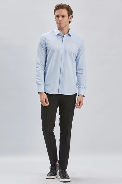 Mavi Uzun Kollu Cepsiz Pamuklu Klasik Slim Fit Gömlek 1004240230 ürün görseli 1