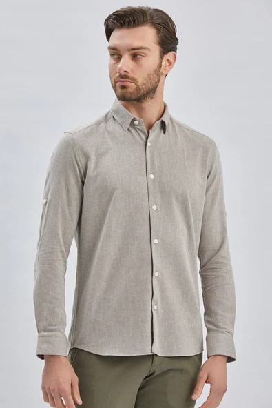 Kahverengi Kısalabilir Kollu Armürlü Biritli Yaka Pamuklu Casual Slim Fit Gömlek 1004240202 ürün görseli 1