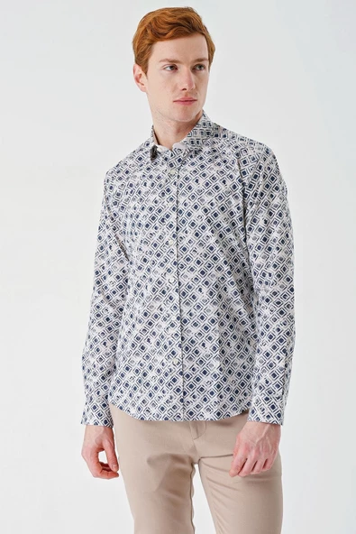 Bej Uzun Kollu Baskılı Garnili Pamuklu Casual Slim Fit Dar Kesim Gömlek 1004240211 ürün görseli 1