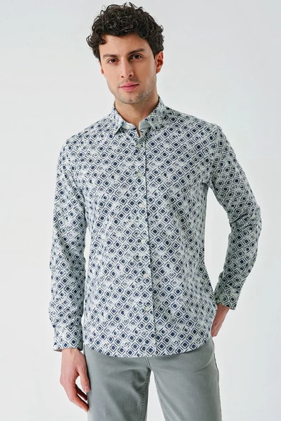 Yeşil Uzun Kollu Baskılı Garnili Pamuklu Casual Slim Fit Dar Kesim Gömlek 1004240211 ürün görseli 1