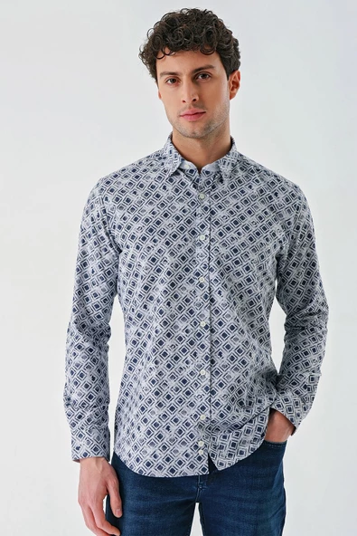 Mavi Uzun Kollu Baskılı Garnili Pamuklu Casual Slim Fit Dar Kesim Gömlek 1004240211 ürün görseli 1