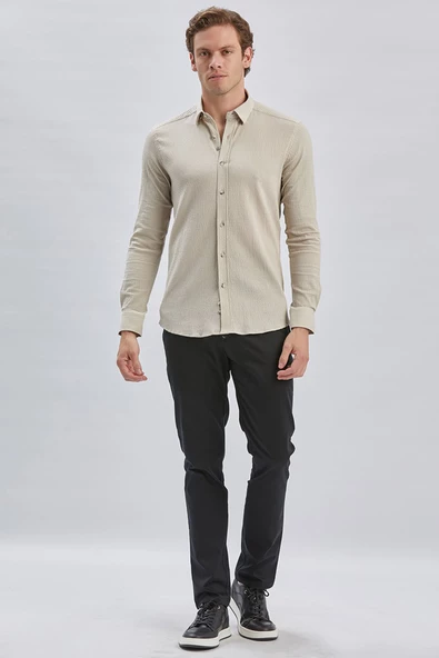 Bej Uzun Kollu Biritli Yaka Biyeli Pamuklu Likralı Casual Slim Fit Gömlek 1004240232 ürün görseli 1